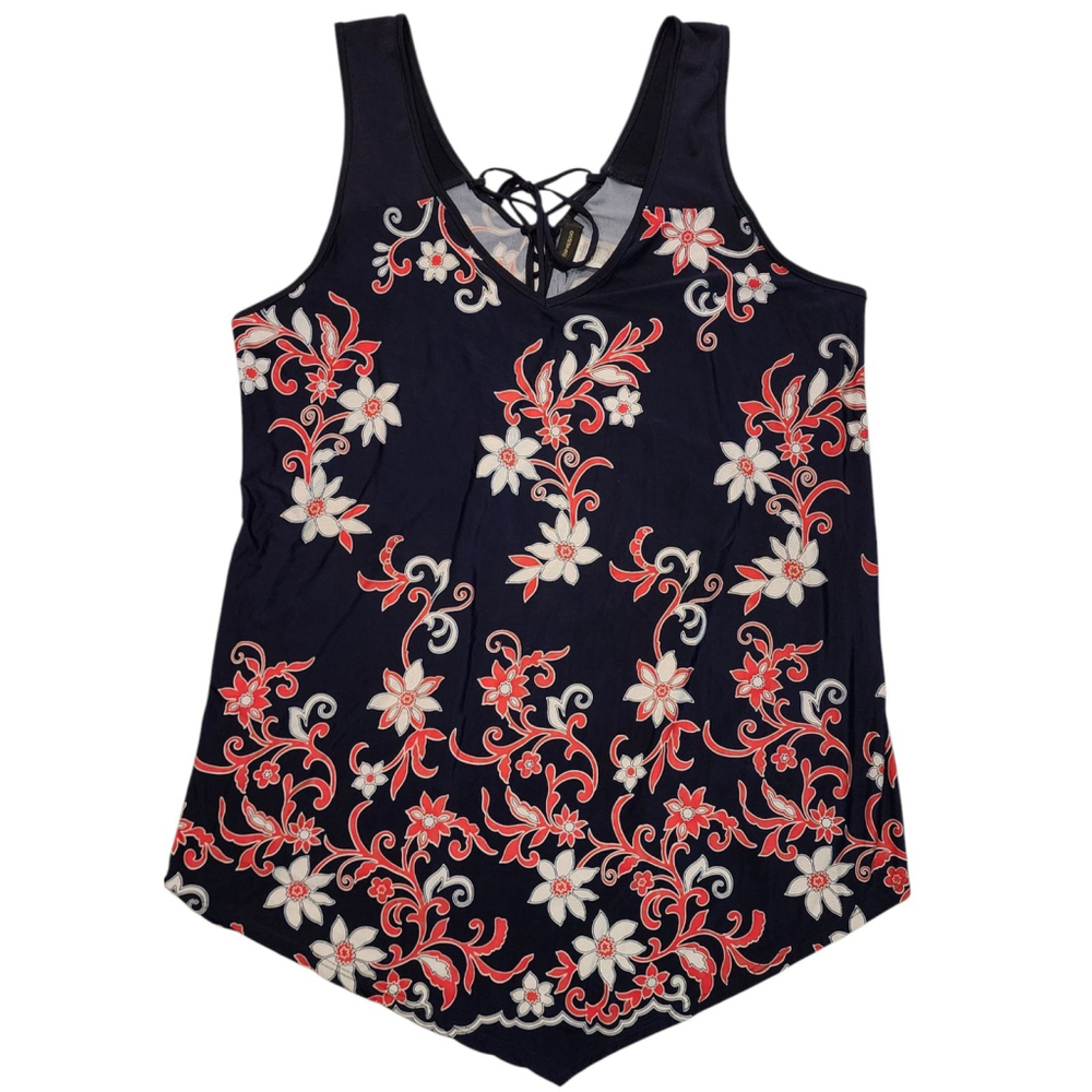 Espresso Floral Print V-neck Tank Top Blouse Women's 2X Navy Red White